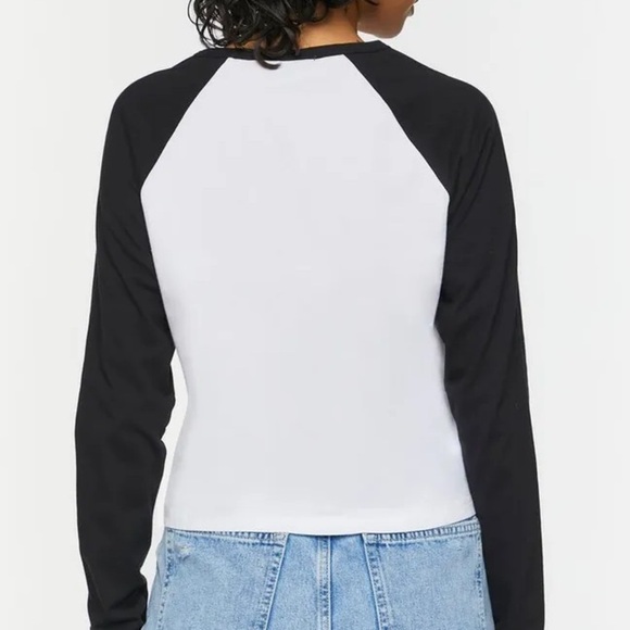 PINK Victoria's Secret Black White Ragland Long Sleeve Cropped Top T-Shirt Sz XL - Picture 2 of 11